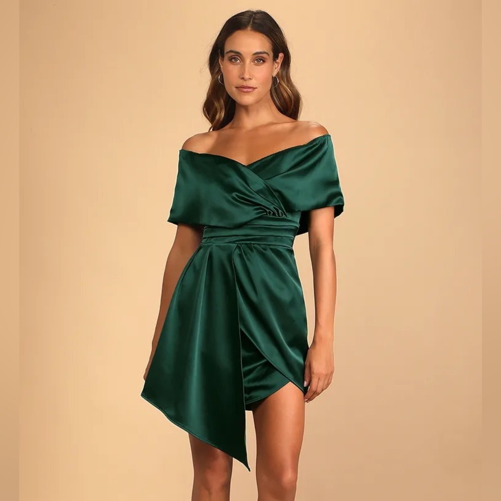 Always Celebrating Dark Green Satin Off-the-Shoulder Mini Dress